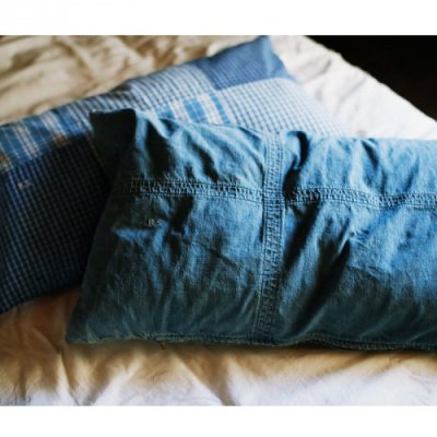 画像3: BasShu Grandad Check Long Feather Cushion Indigo Check*クッション付き